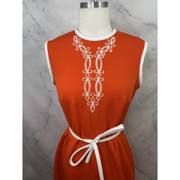 Vintage 1960's Orange MOD Sleeveless Maxi Dress M Accent Belt Groove MCM Retro - Picture 11 of 16